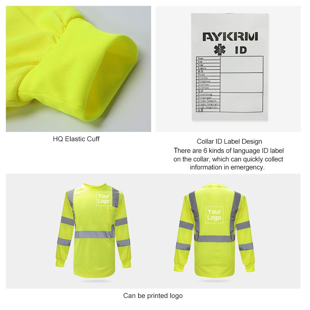 Hi vis Koszulka z długim rękawem, robocza, odblaskowa, bezpieczna, polo, EN20471 klasa 3, XS–8XL