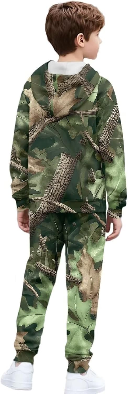 Boys Camo Print 2 Piece Long Sleeve Hooded Sweatshirt Jogger Pants Set Fall Winter Tracksuit for Kids 6-15Y
