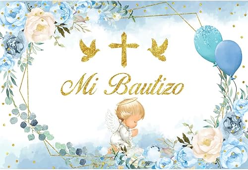 Miniatura 6 de Lexfvpoo Mi Bautizo - Telón de fondo de bautismo para la primera comunión, decoración de bautizo, flor azul, lindo ángel Dios bendiga fondo para