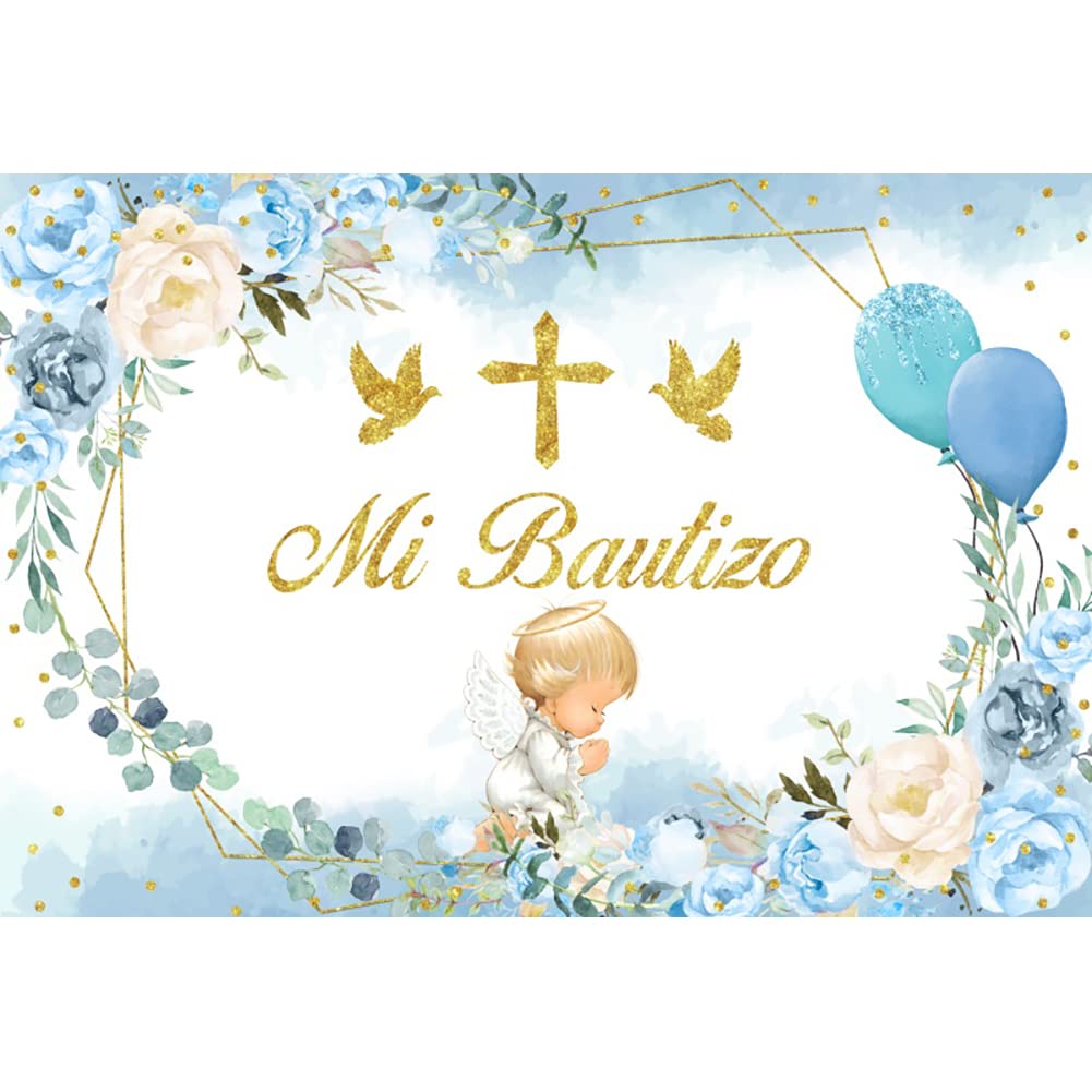 AIBIIN 5x7ft Mi Bautizo Sfondo Decorazioni Battesimo Prima Comunione Decorazione Blu Floreale Cresima Decorazioni Fotografia Sfondo