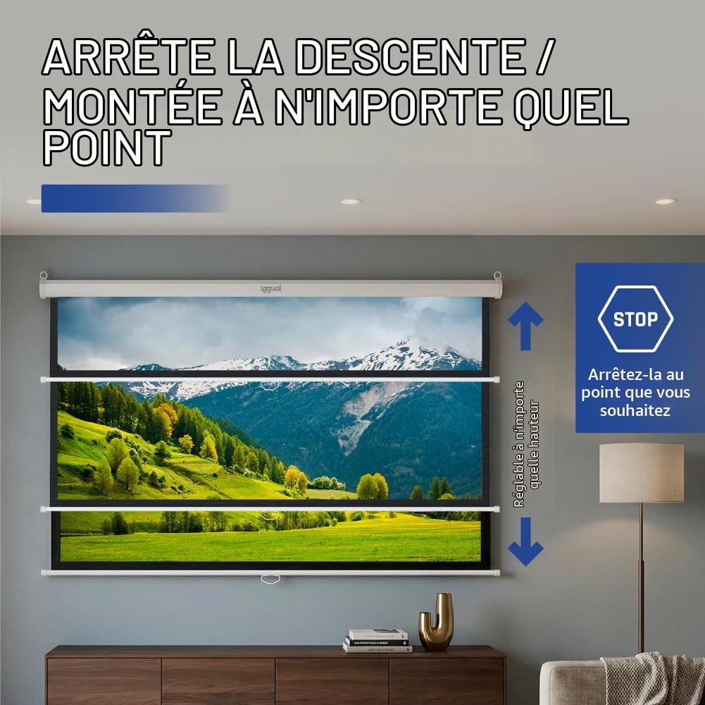 iggual Écran de Projection 112" Pouces - Enroulable Manuel Panoramique - Format 16:9 - Angle de Vision 180º - Hauteur Réglable - Adapté Mur/Plafond - Compatible 4K et Tout Projecteur, (200x200 cm)