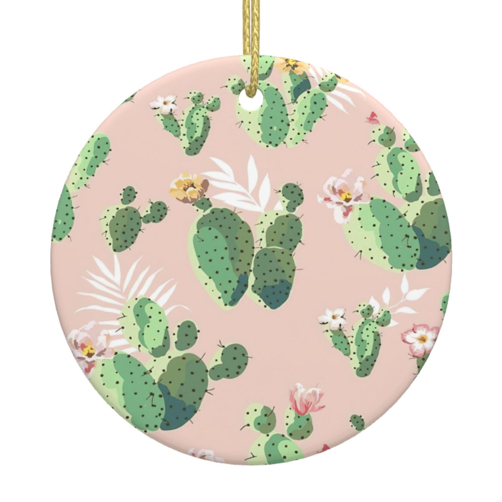 Cactus Pattern Print Christmas Ornaments, Ceramic Hanging Ornament, Round Shape Decorations