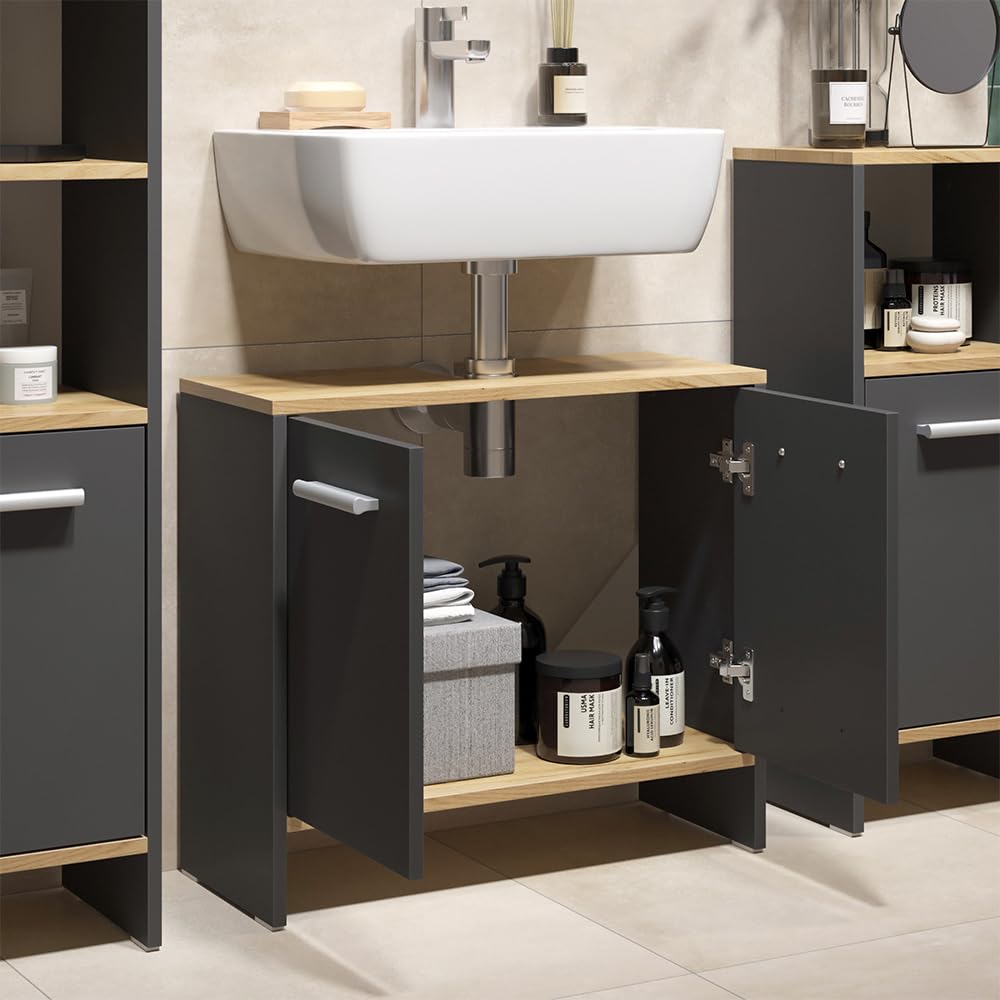 Vicco Conjunto de Muebles de baño Karli, Antracita/Roble Dorado, 63.8 cm, Compuesto por Mueble bajo para Lavabo y Columna de baño