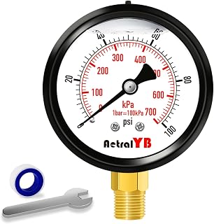 AetralYB 0-100 PSI 2.5 Inch Liquid Filled Pressure Gauge, Stainless Steel, IP67 Waterproof, 1/4" NPT Lower Mount for Pumps, Tanks, Wells, RVs
