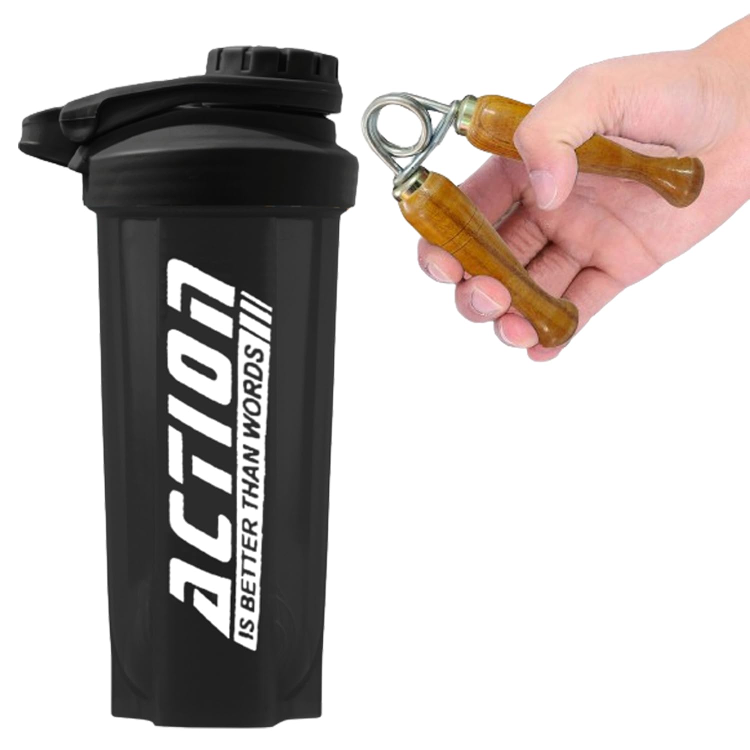 (2024 New) Action Shaker Bottle With Wooden Hand Gripper For Men Workout & Women| Protein Shaker Bottle|700ML| 100% leak proof| Fitness Gym Kit With (BPA Shaker Ball Free)( Pack Of-2) (Black)-image-45