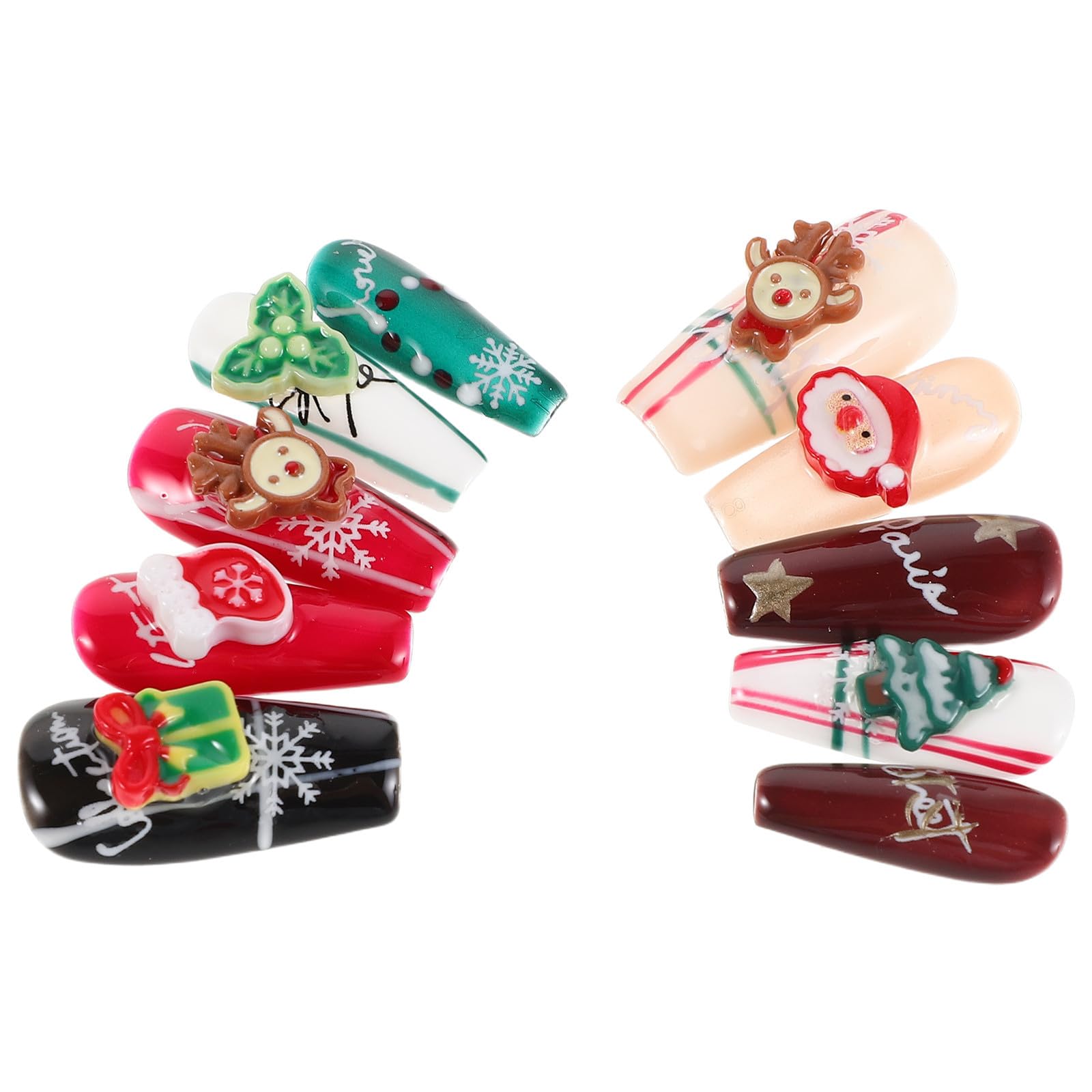 5 Juegos Uñas Postizas Navideñas Largas, Diseño Santa y Árbol, Rojo