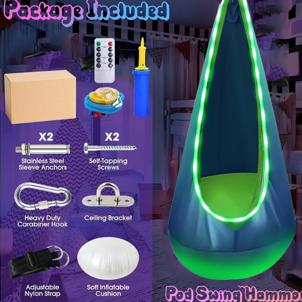 Balançoire Lumineuse - Balançoire-hamac en Taffetas de Nylon Haut de Gamme amélioré, avec lumières LED et Coussin Gonflable | Utilisation à l'intérieur et à l'extérieur