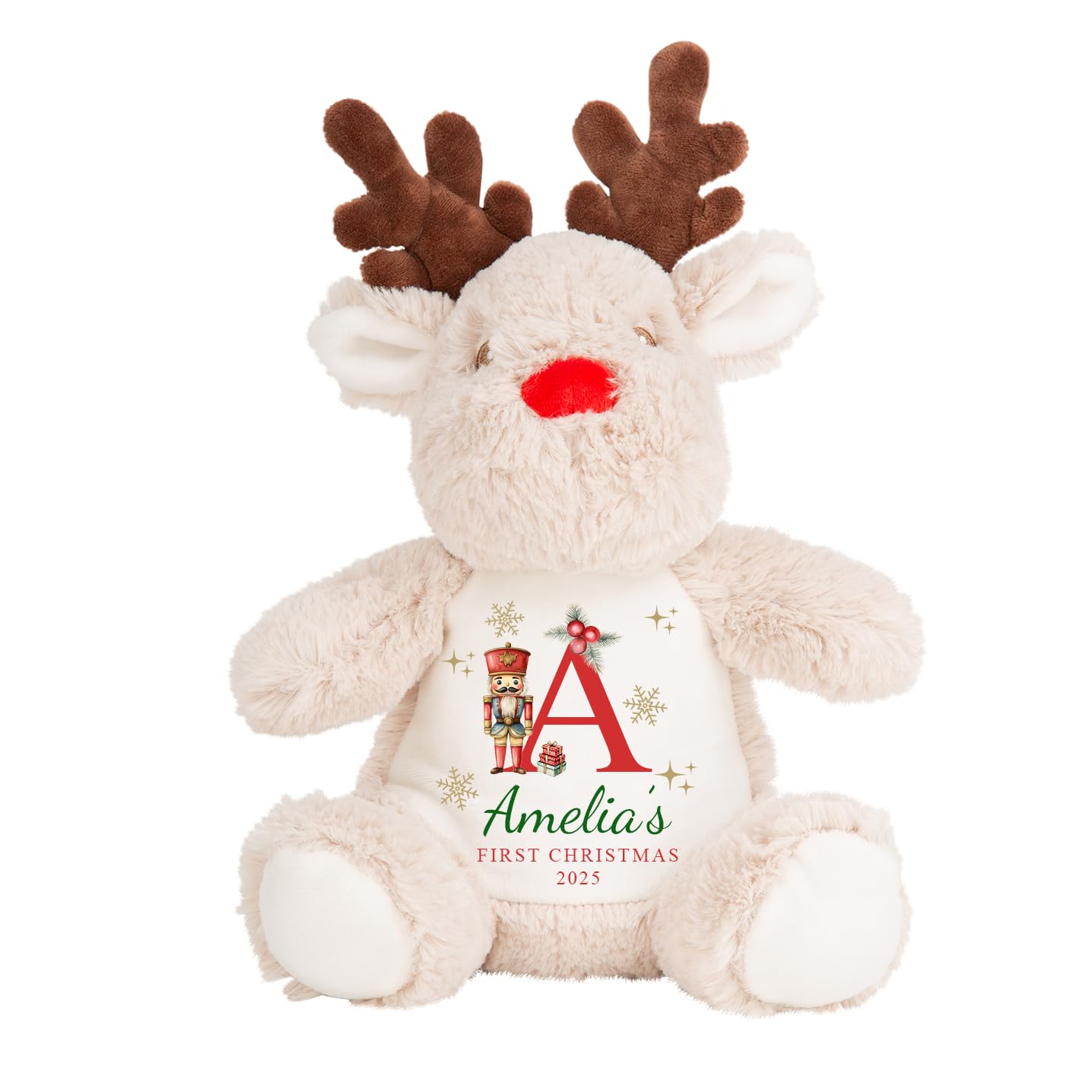 Chicken Craft Personalised First Christmas Reindeer Teddy - Name Initial Year - Nutcracker Design
