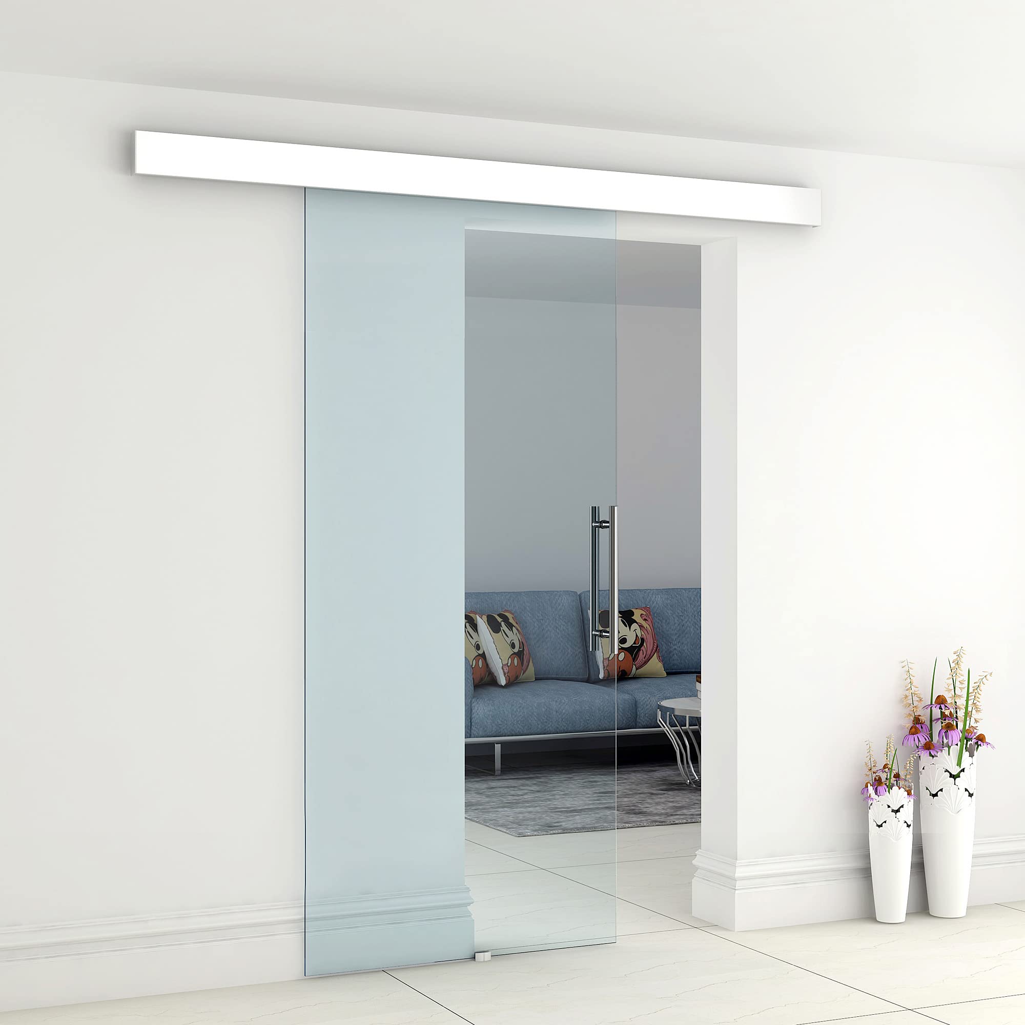 HOMCOM Porta Scorrevole in Vetro Trasparente con Binario e Maniglia in Alluminio per Bagno Cucina Studio 210x75x0.8cm