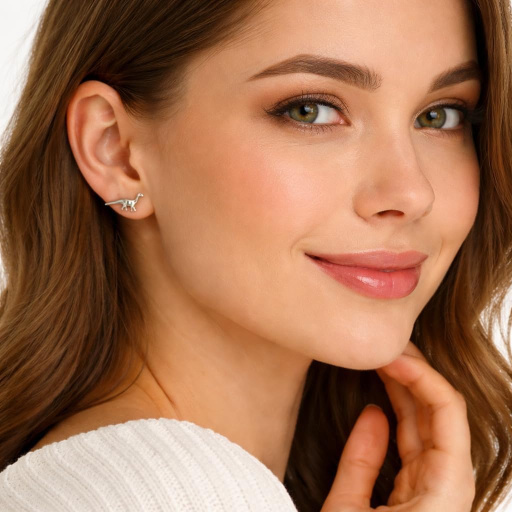 Silver Dinosaur Stud Earrings Set – 3 Pairs Cute Stegosaurus, T-Rex & Long Neck Dino – Hypoallergenic Animal Earrings for Women & Dino Lovers - Great Gift! - Image 3