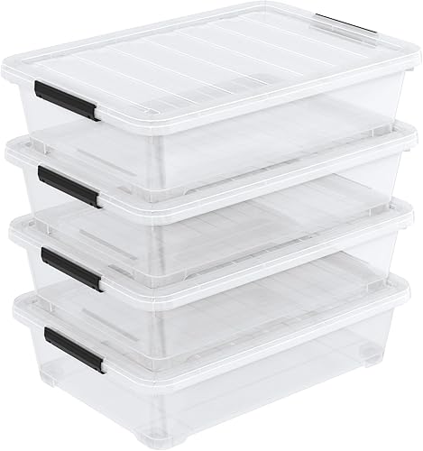 Cajas de almacenamiento de plástico de 40 cuartos de galón, contenedor de almacenamiento grande transparente con ruedas, 4 paquetes