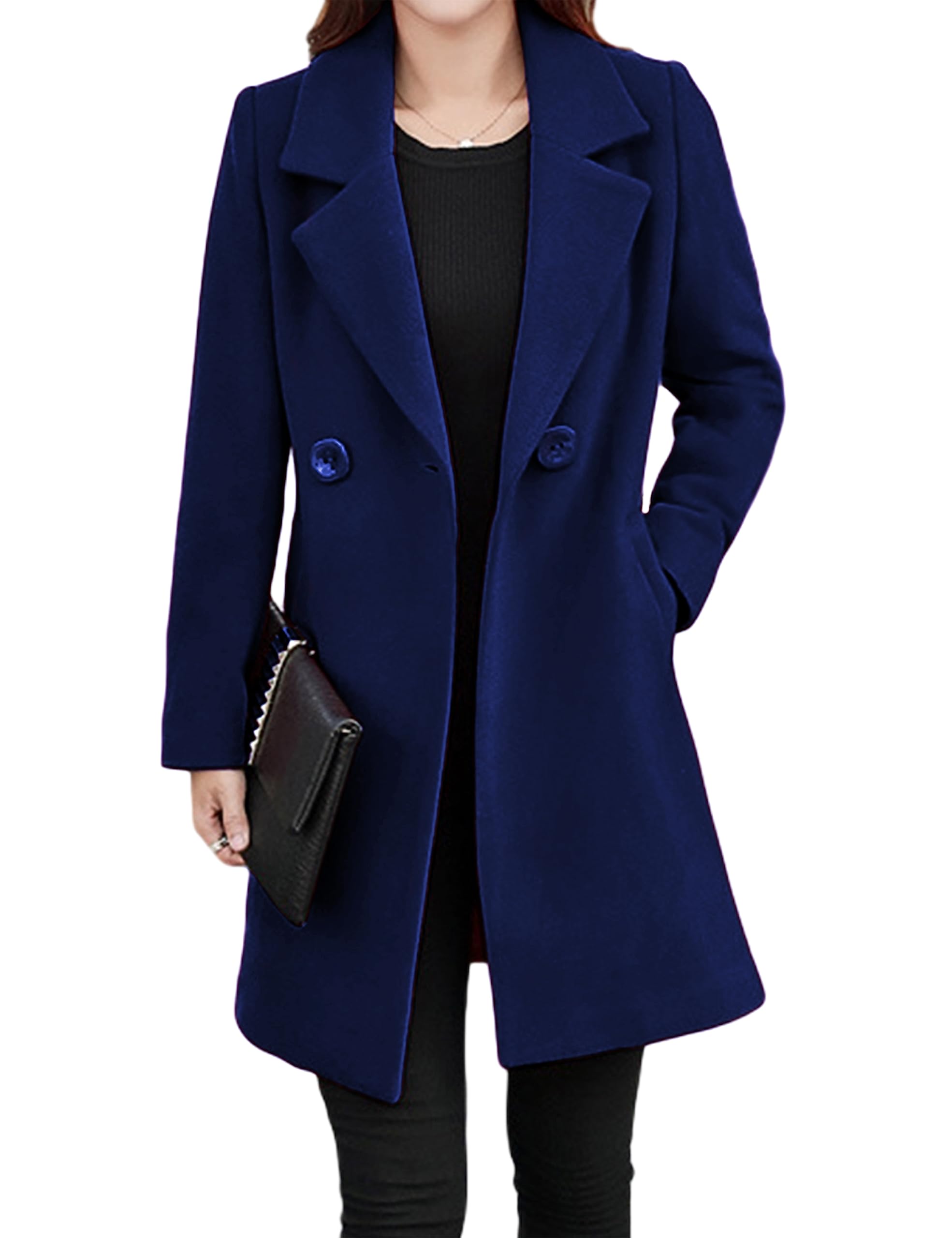 Tanming Womens Elegant Notched Collar Button Wool Blend Solid Long Pea Coat Overcoat