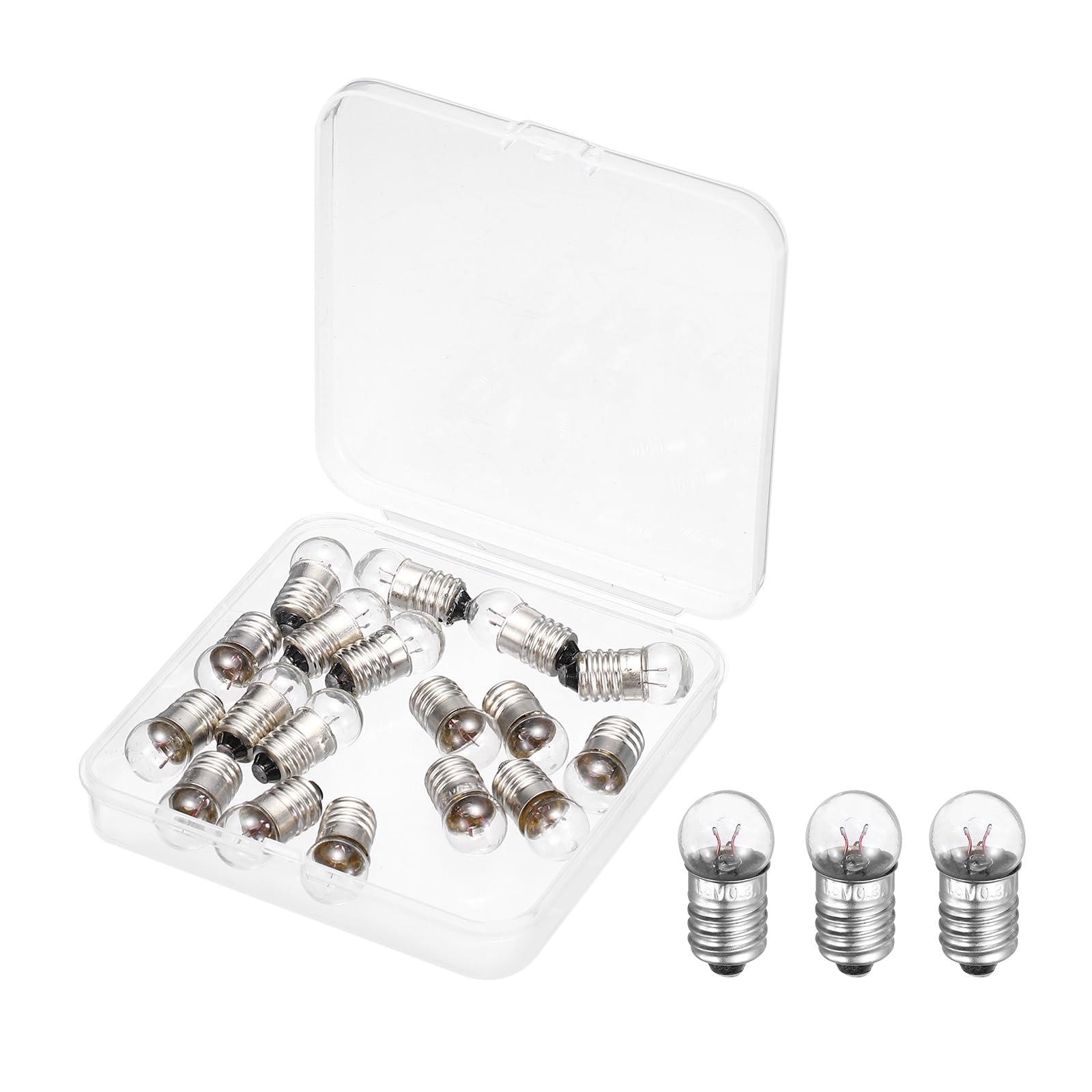 sourcing map 18 Pcs E10 Miniature Screw Base Light Bulbs, 1.5V 0.3A Mini Light Bulbs Flashlight Replacement Lamp 0.45W with Box for Home DIY Circuit Electrical Experiment, Warm Yellow Light