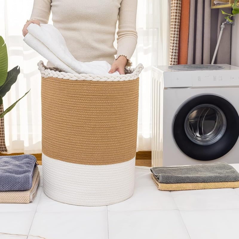 Image of Storage Rope Laundry Hamper Basket for Clothes, Towels and Blankets in Livingroom, Bedroom, Laundry Room and Basket for Nursery Storage (Size - 15 inch x 15 inch x 18 inch) (Beige White Zig Zag)