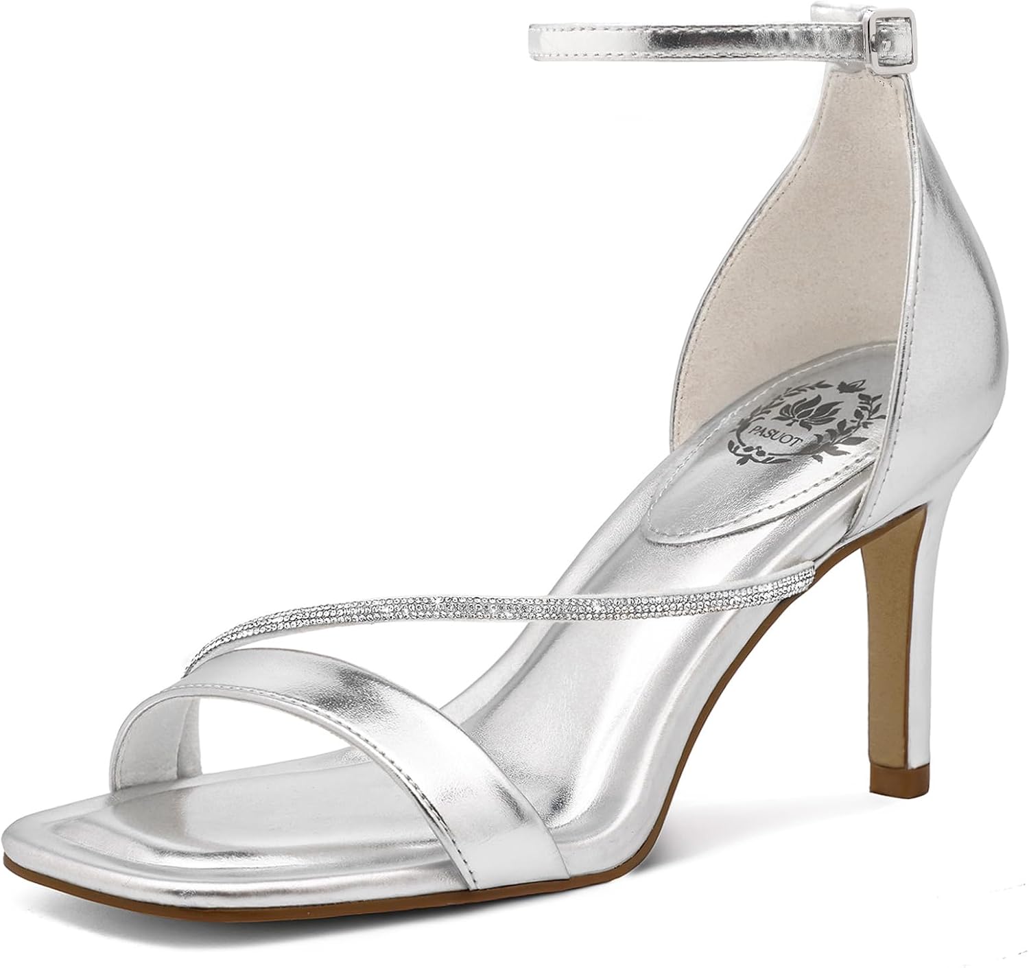 Pasuot Strappy Heels for Women - Open Square Toe Sparkly Stiletto Heel, Rhinestone Straps High Heeled Sandals for Party Prom Homecoming Office Wear, Gold Silver Black Nude, Not for Wide Feet