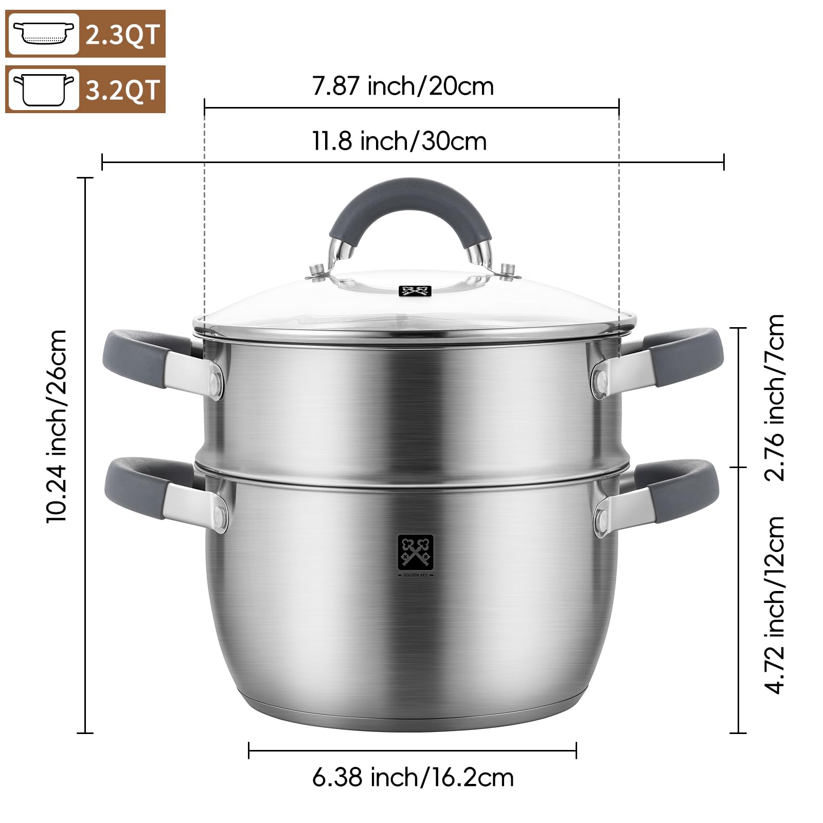 GOLDEN KEY 3.2qt Steamer Pot - 2 Tier Stainless Steel -2