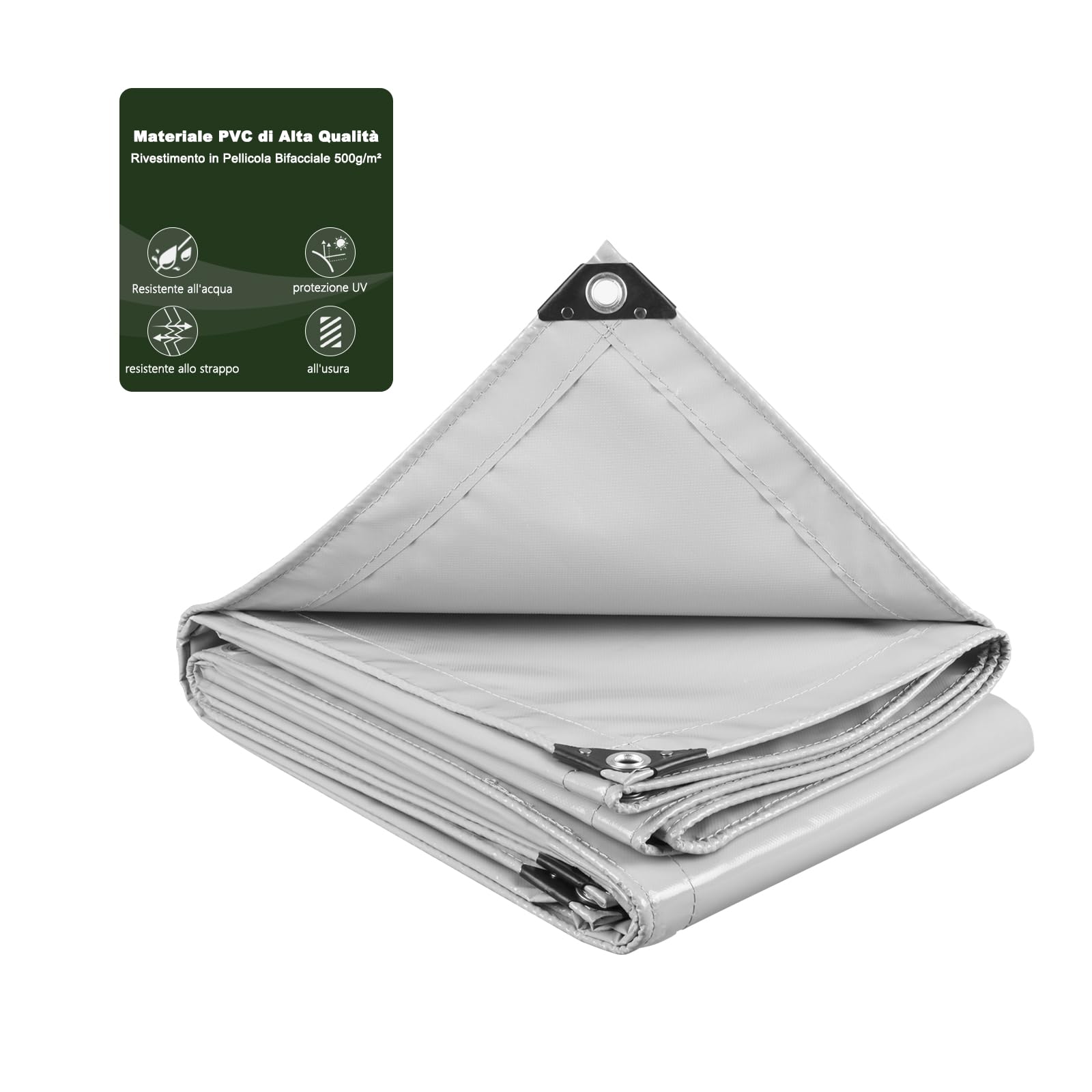 Laneetal Telo Idrorepellente Esterno 2x3m, Telone Occhiellato Idrorepellente Rinforzato PVC 500 g/m², Telo Protettivo Multiuso per Barche, Legno, Piscina, Mobili da giardino, Auto，Grigio