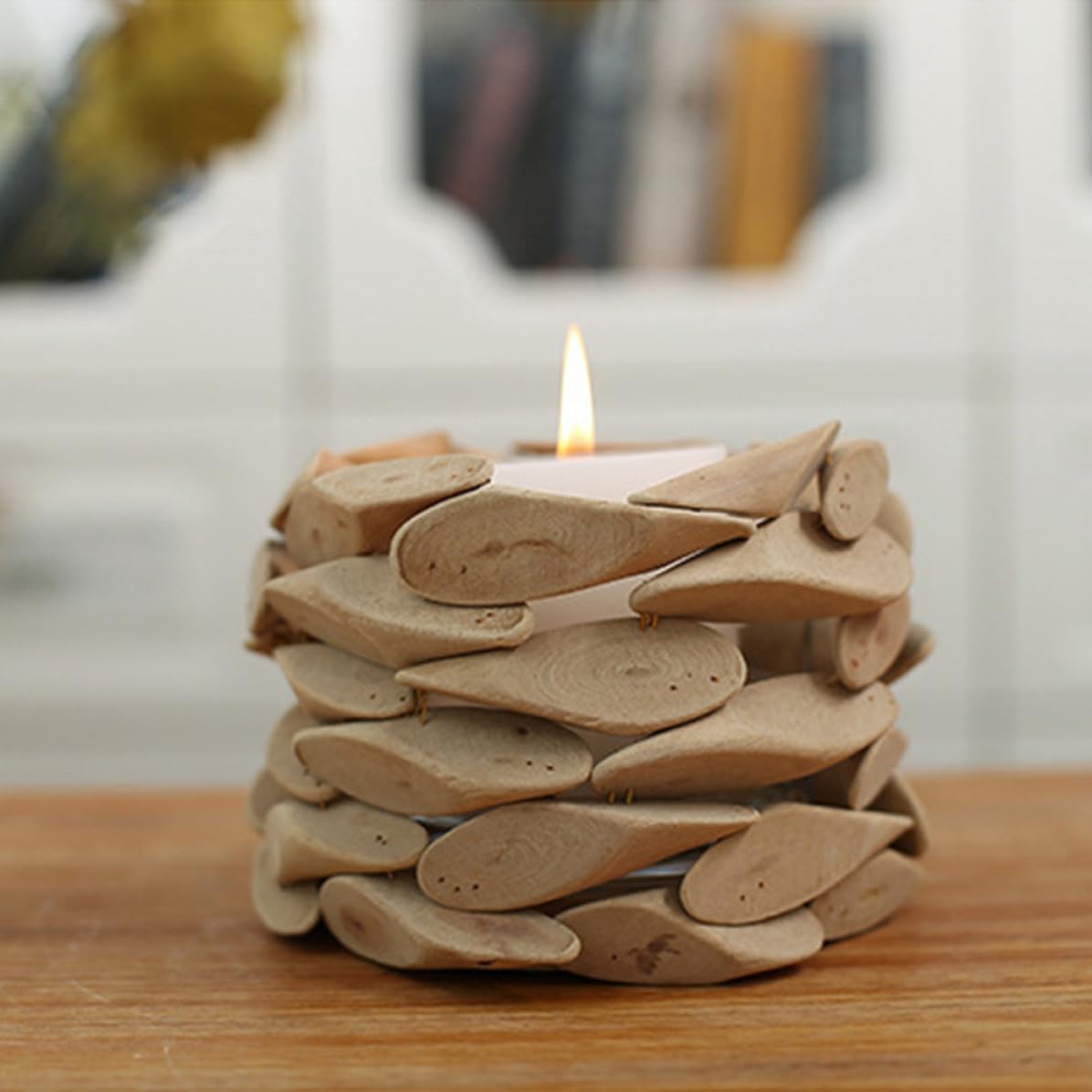 Portacandele Decorativo Rotondo in Legno, Artigianale, Khaki