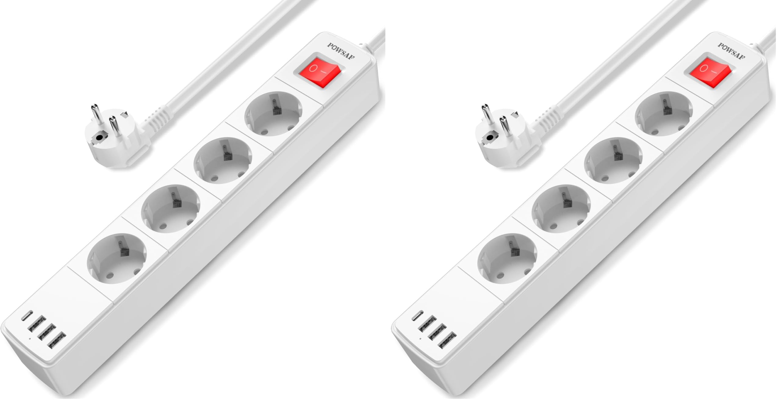 POWSAF est Une réglette de 4 Prises avec 4 Ports USB, avec Une Puissance maximale de 4000W et 16A. Elle Comprend Une Prise USB-C,Blanche. (Lot de 2)