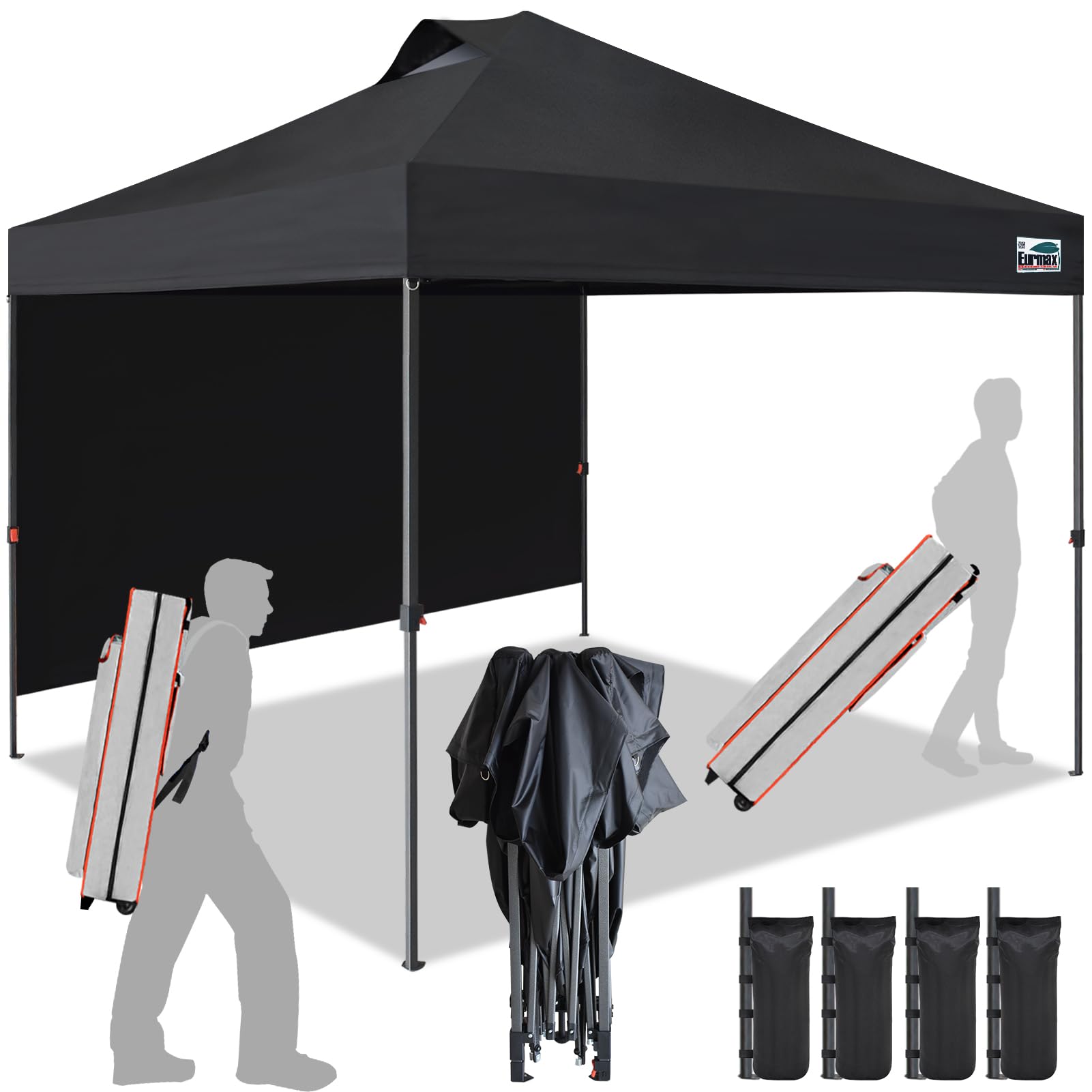 Eurmax USA NOMATTER ONE-Person Open&amp;Close 10x10ft Pop Up Canopy Tent,Portable Shelter Canopy for Outdoor Events with 1 Removable Sidewall,Instant Canopies,Bonus 4 Sand Bags(Black)