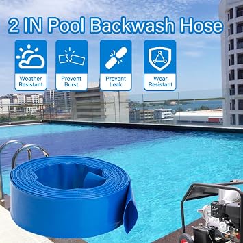 2 x50 FT, Pool Backwash Hose, Heavy-Duty PVC Hose, Lay Flat Discharge Hose, Weatherproof Burst Resistant for Water Transfer, Sump Pump, Pool Filter, Pool Drain,with 2 Clamps