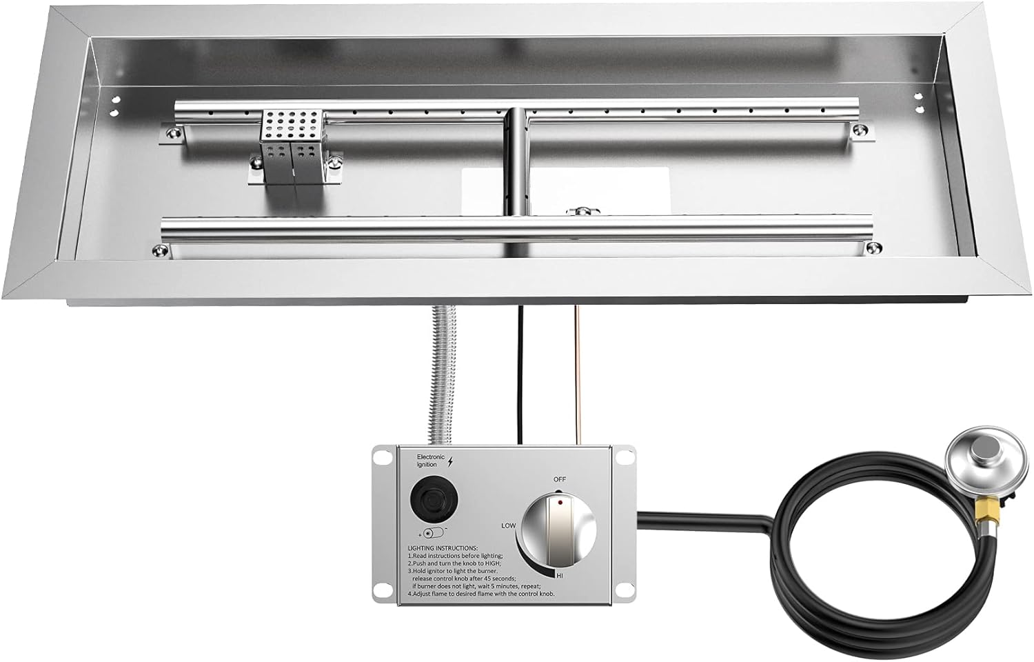 Skyflame Stainless Steel 24" Rectangle Fire Pit Drop-in Burner Kit with Extinguishing Protection Device, Flame Sensing, Electronic Spark Ignition, Gas Hose Connector for Propane 24 Inch Rectangle