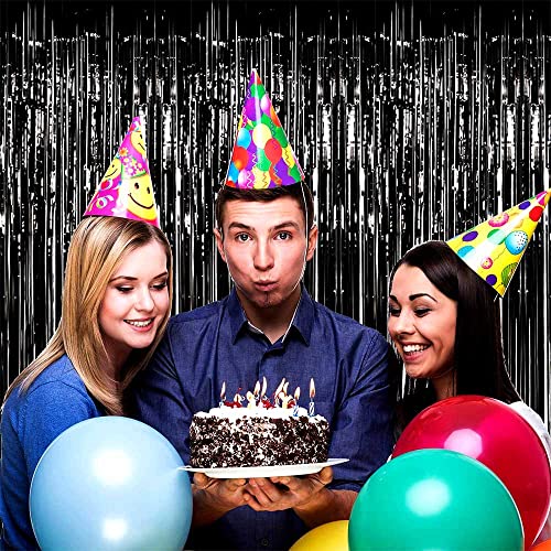 Image of 4 Pack Black Foil Fringe Curtain Backdrop, 3.28Ft x 8.2Ft Metallic Tinsel Streamer Curtains for Party, Photo Booth Props, Birthday, 2022 Graduation Decoration Party Supplies