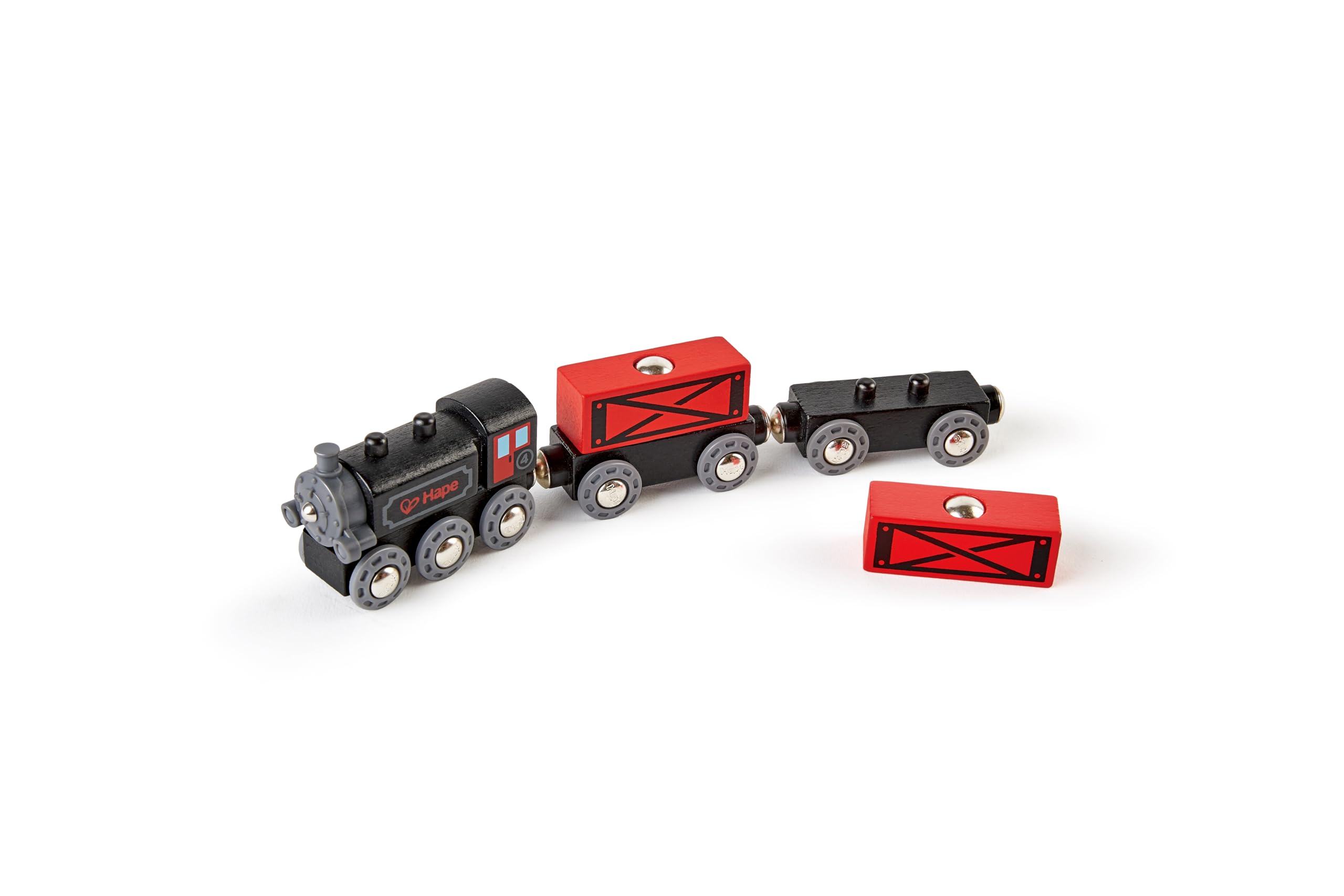 Hape Steam-Era Freight Train | Classic Black & Red Children’s Locomotive Toy With Unloadable Freight Wagons
