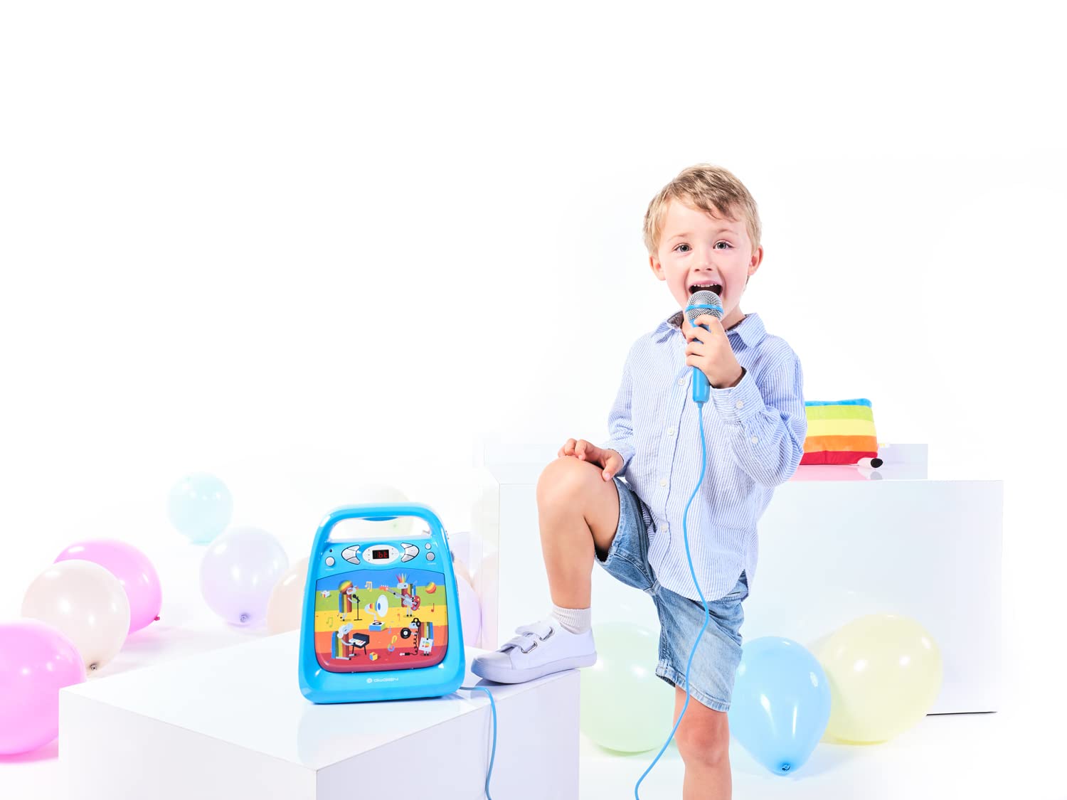GOGEN Karaoke per bambini e lettore CD, USB I MP3, microfono incluso, uscita per cuffie, portatile, batteria o alimentatore di rete, Bluetooth, prodotto per bambini, blu