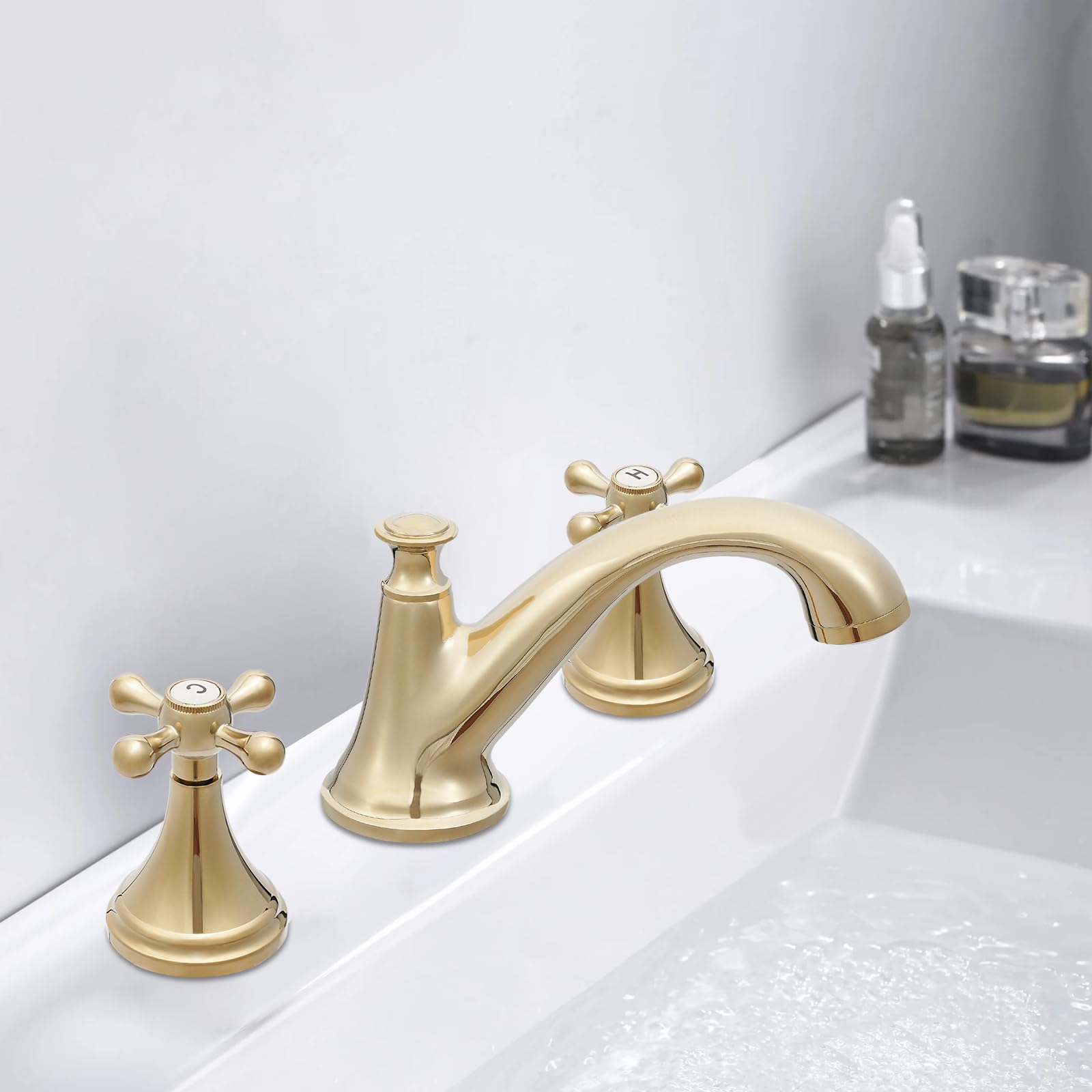 Bagno tre fori doppia apertura e chiusura lavabo rubinetto retrò oro, ottone rubinetto lavabo acqua calda e fredda, per bagno, cucine, lavelli in ceramica
