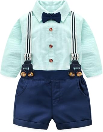 Baby Boys Gentleman Outfits Suits,Infant Long Sleeve Striped Bowtie Tops Shirts + Bib Shorts, 2Pcs Set