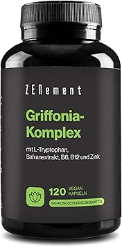 Griffonia mit L-Tryptophan, Safranextrakt & Vitamine B6, B12, Zink - Laborgeprüft, Ohne Zusatzstoffe - kognitiven Funktion, psychischen Funktion - 120 vegan Kapseln - Zenement