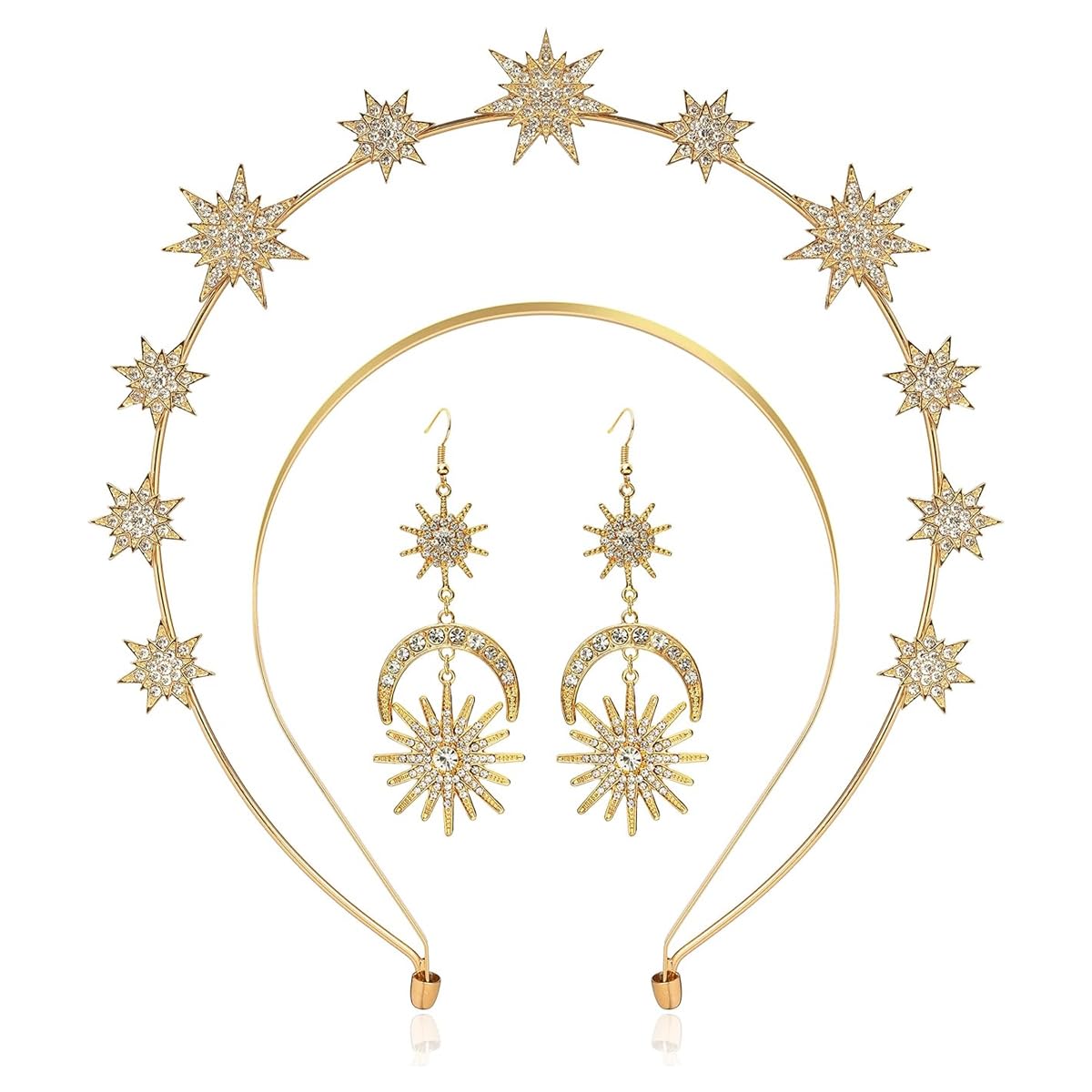Venzina® Halo Crown for Women, Queen Goddess Headband Stars Crystal Tiaras with Crescent Earrings Set, Double Layer Gold Metal Crown Hairband for Girls Party Wedding Cosplay (B0CXDTGG6D) Amazon Price History, Amazon Price Tracker