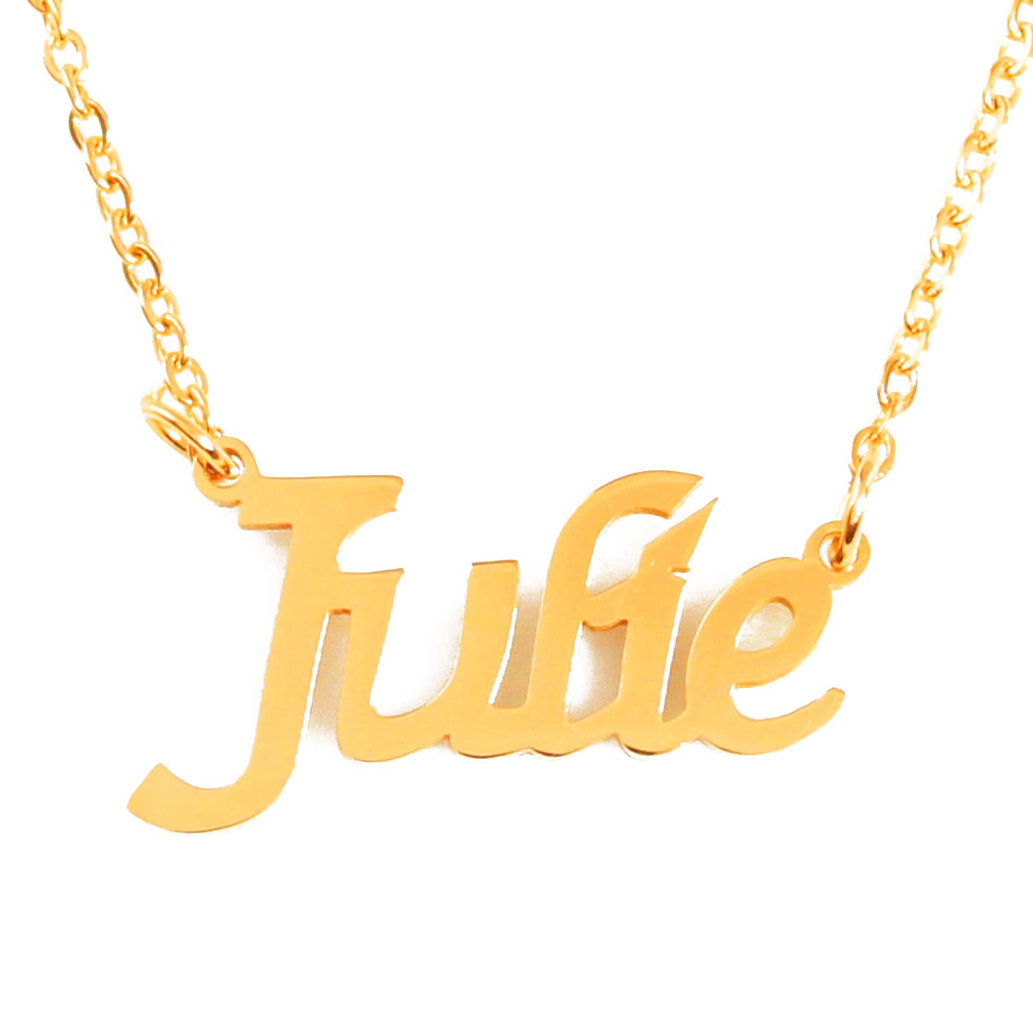 KiguJulie Name Necklace Personalised 18ct Gold Plated, Custom Dainty Name Pendants, Jewellery for Ladies, Girlfriend, Mother, Sister, Friends Inc Bag & Box