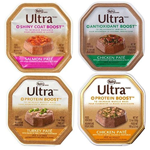 Nutro Ultra Dog Food 4 Flavor 8 Can Bundle: (2) Ultra Shiny Coat Boost Salmon, (2) Ultra Anitoxidant Boost Chicken, (2) Ultra Protein Boost Turkey & (2) Ultra Protein Boost Chicken, 3.5 Oz Ea (8 Tot)