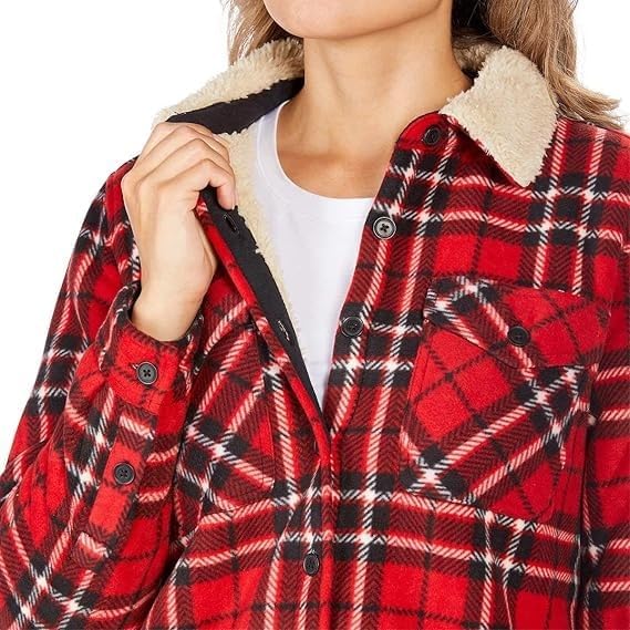 Women's Long Sleeve Plaid Fleece Jackets| Super Plush Sherpa Lined Shirt Jacket Tops with Pockets (XX-Large, True Red) - Image 2