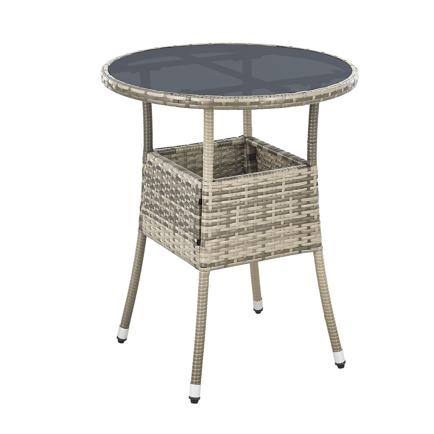 Juskys Polyrattan Gartentisch Yoro wetterfest - Balkontisch Ø 60 cm rund - Rattan Beistelltisch mit Glasplatte - Kleiner Tisch für Balkon - Grau