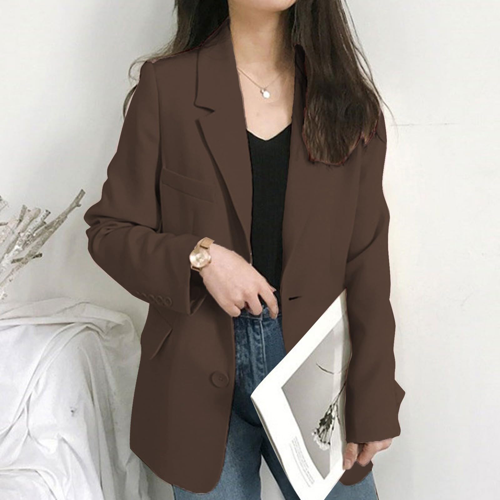 Generisch Blazer pour femme, rose, moderne, grande taille, blazer traditionnel, veste de costume sportive, en coton, blazer d'affaires, à manches longues, costume élégant, veste boutonnée, manteau de