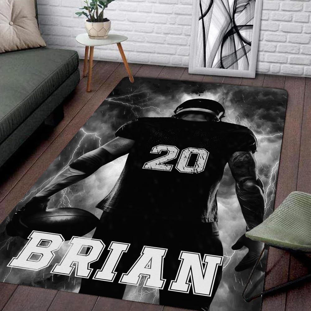 Personalized Football Rug - Football Player Area Rugs for Boys Men Room Vintage Players Rugs Home Decor Large Sport Floor Carpets Washable Non-Slip (Football Rug 4)