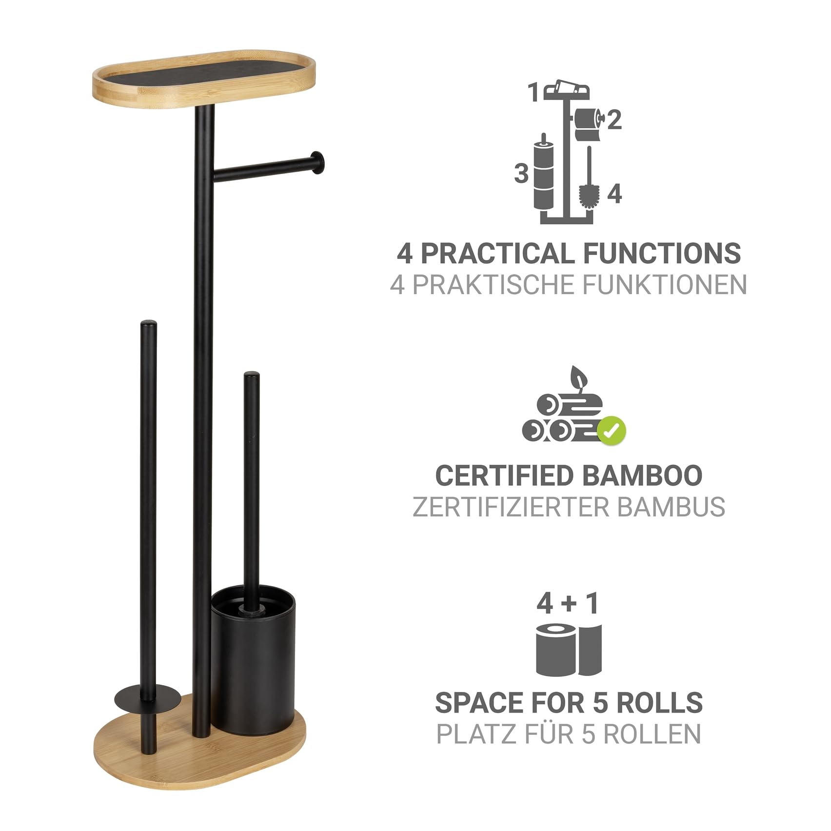 Stand WC-Garnitur Mod. Pomarolo, Bambus, Stahl, Natur/schwarz, 25x70,5x17 cm, inklusive Ablagefläche für Handy