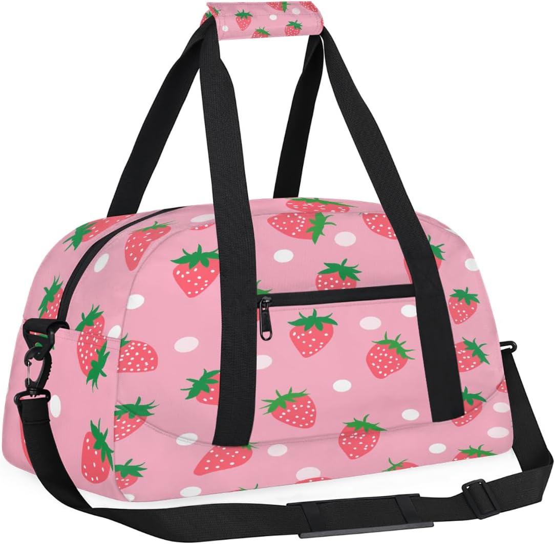 Kids Duffle Bag for Girls Pink Strawberry Polka Dot Gym Dance Bag Small Travel Bag Foldable Lightweight Carry on Weekender Overnight Bags with Shoulder Strap
