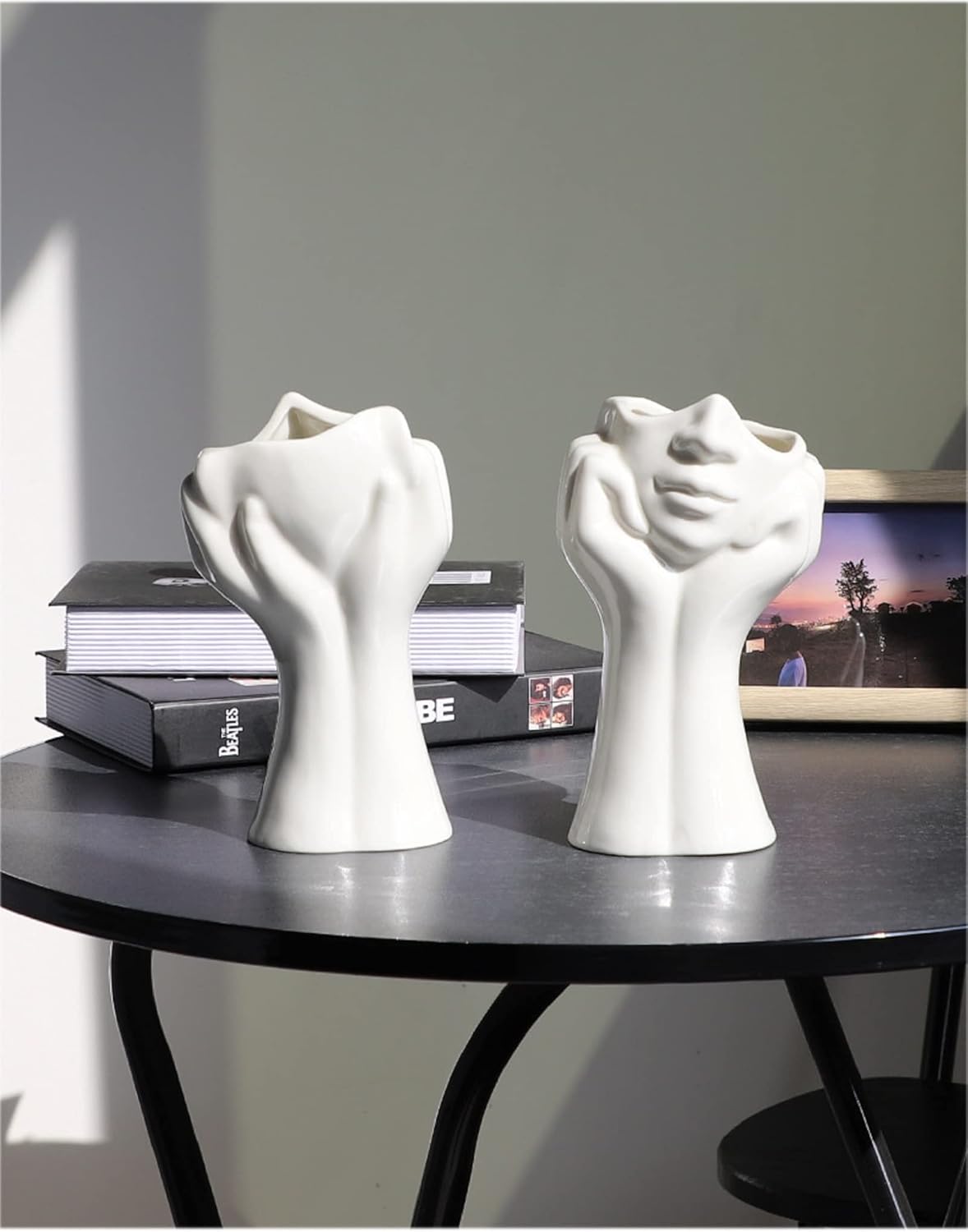 Human Face Ceramic Vase, Hands Sculpture Flower Plant Pot for Home Living Room Arrangement Office Shelves Organiser Décor (A- White)