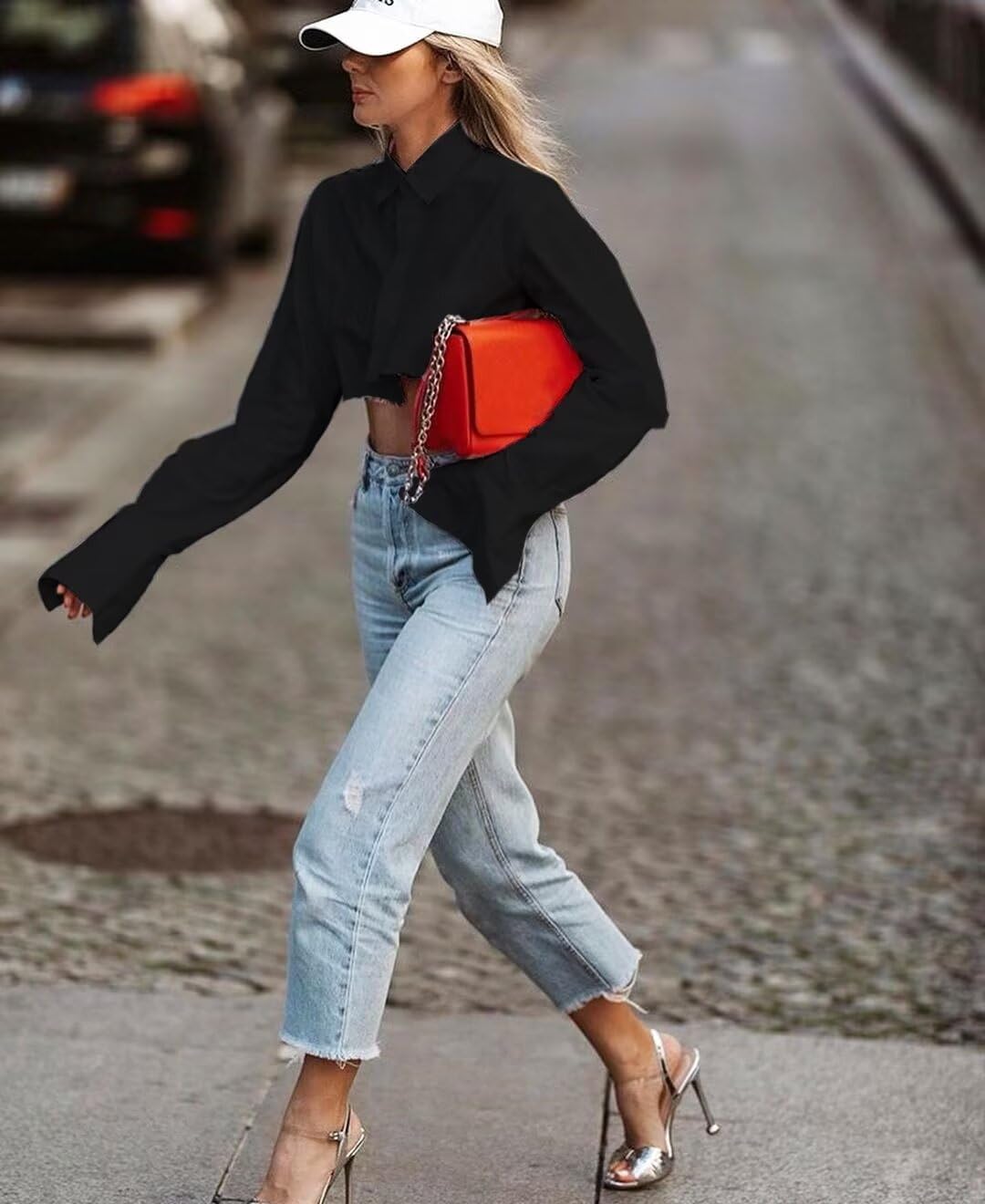 Women Cropped Button Down Shirt Asymmetric Hem Long Sleeve Collared Blouse Top - Image 6