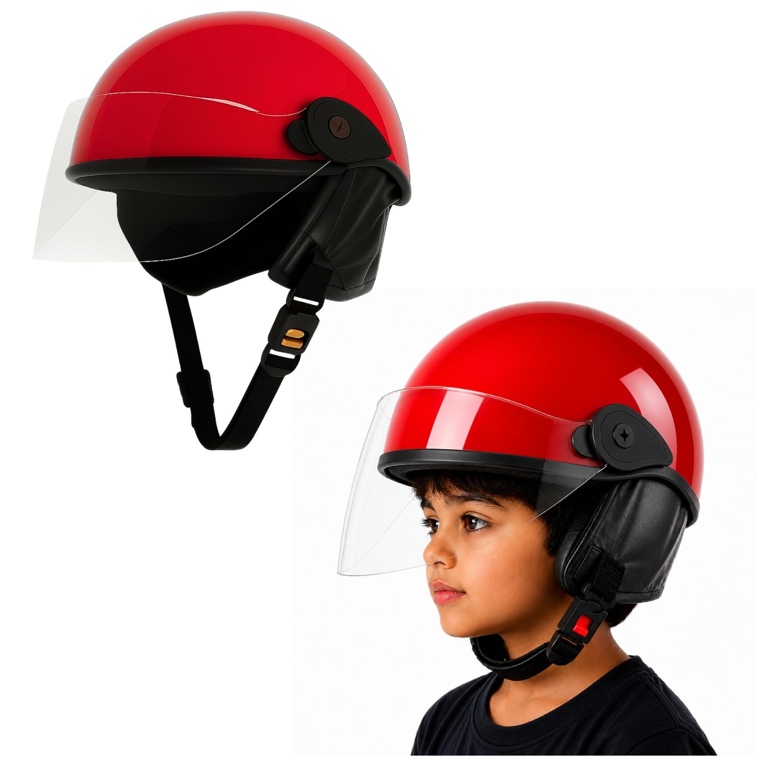 Western Era Kids Safety Helmet with Clear Visor Protective Headgear for Cycling Skating Scooter Riding Outdoor Activities | Adjustable Child Helmet with Strap Ear Protection Shield | Red Glossy-image-14