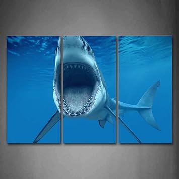 Canvas Wall Art Shark Near Sea Surface Open Mouth in Blue Sea Ocean Wall Art Painting The Picture Print On Canvas Animal Pictures for Home Decor Decoration Gift