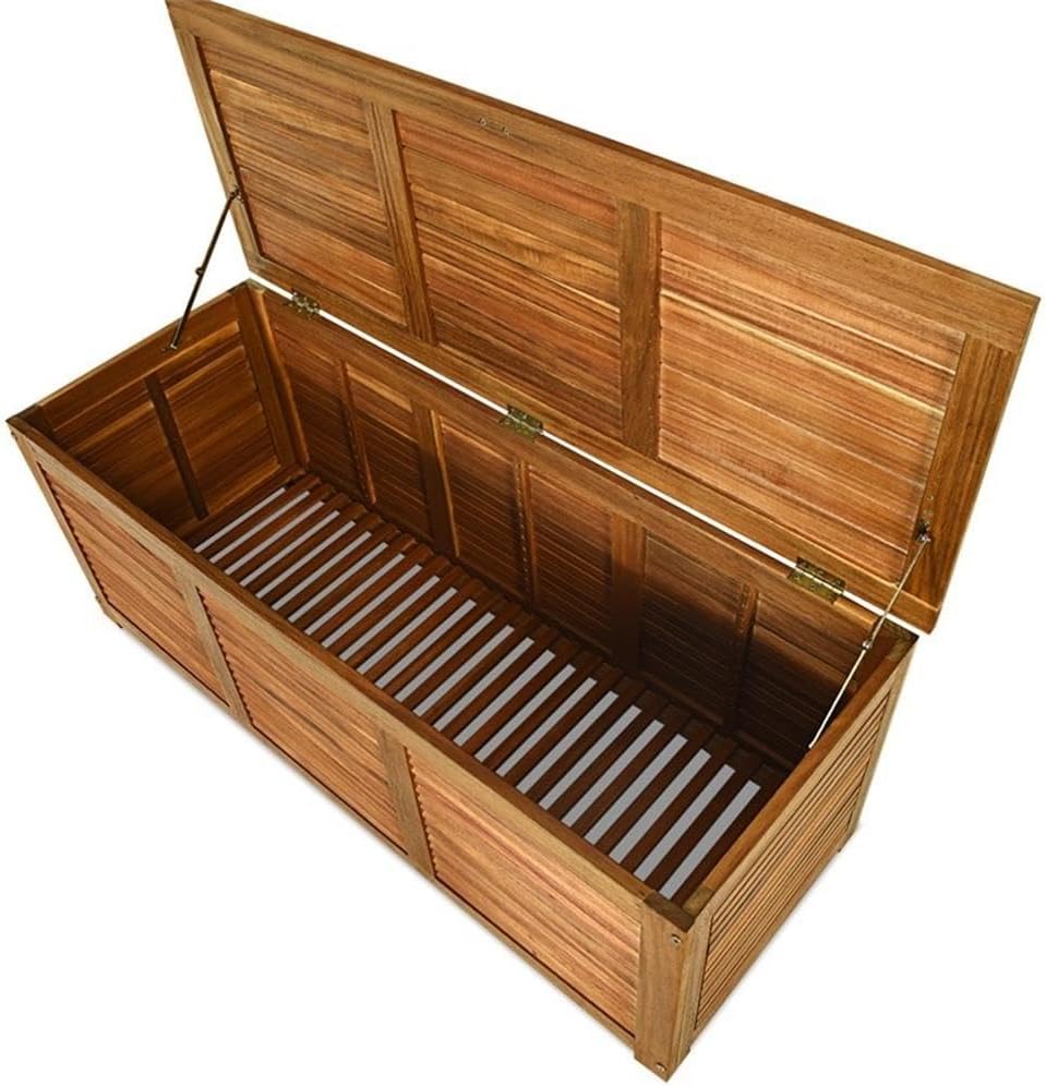 Pemberly Row 47-Gallon Acacia Wood Deck Storage Box, Teak Oil Finish, Sturdy Seat for 2, Breathable Slat Design, Organized Storage for Tools, Cushions, Toys, Sports Equipment