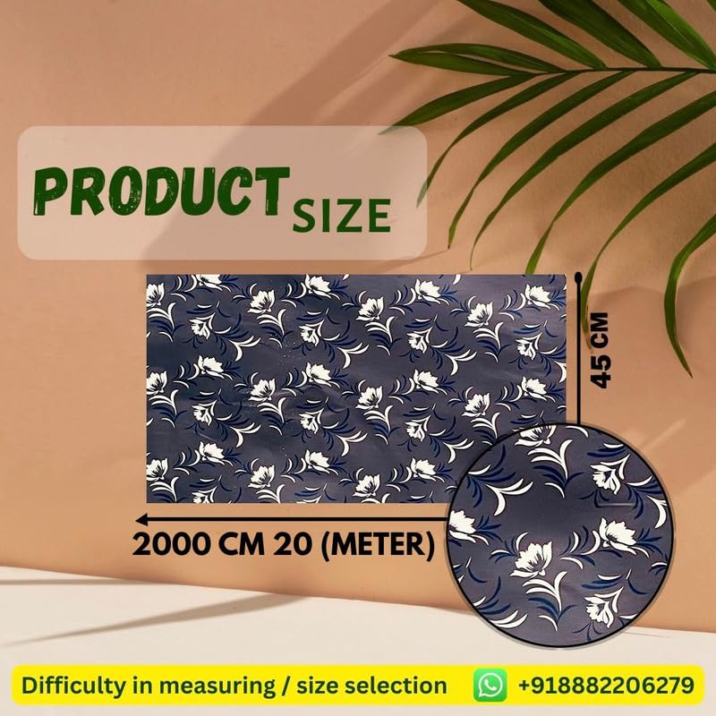 Image of Anti-Slip Kitchen Shelf Liner - 20 Meter Roll, Waterproof Multipurpose Mat for Fridge, Cabinet, Drawer, Trolley & Bathroom - Easy to Cut Floral Blue Print (Grey)