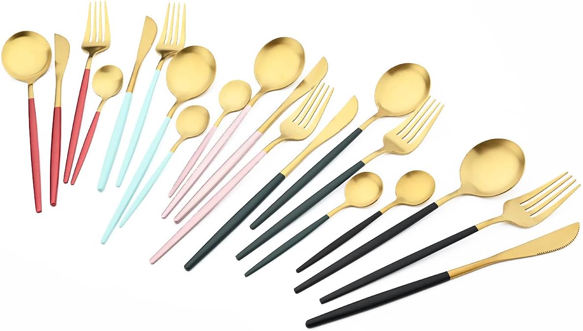 Gugrida Matte Rainbow Luxury Flatware, Royal 36 Piece Matte 18/10 Stainless Steel Dinnerware Service for 6 Including Forks Spoons Knives, Camping Silverware Travel Utensils Set Cutlery