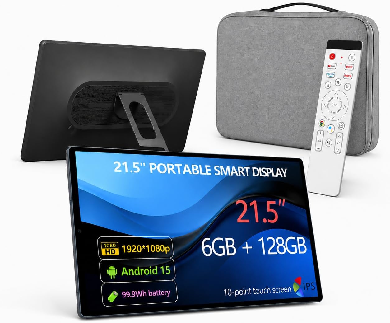 21.5" Android 15 Portable TV Tablet with Carry Bag, Rotating Foldable Stand, 6GB+128GB, Built-in 99.9Wh Battery, 13MP Camera, 5W Speakers,Smart Touch Screen for Travel