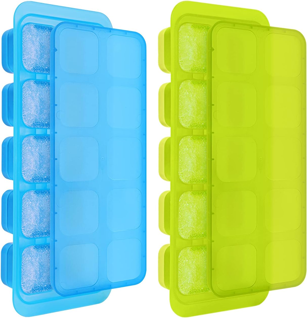 Kootek Ice Cube Trays with Lid, 20-Cube Reusable Ice Cube Molds Food Grade Stackable Plastic Trays Square Mold for Whiskey, Cocktail, Spirits, Chilled Drinks and Juice (Blue & Green)